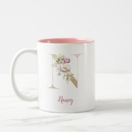 Caneca De Café Em Dois Tons Letra Dourada N, Monograma N, Presente Floral Rosa