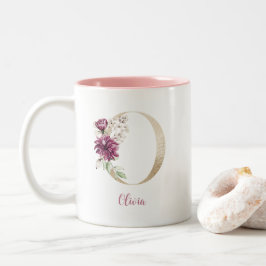 Caneca De Café Em Dois Tons Letra Dourada O, Monograma O, Floral Cor-de-Rosa D