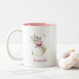 Caneca De Café Em Dois Tons Letra Dourada S, Monograma S, Presente Floral Rosa