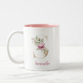 Caneca De Café Em Dois Tons Letra Dourada S, Monograma S, Presente Floral Rosa