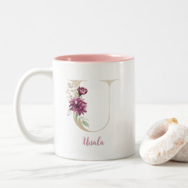 Caneca De Café Em Dois Tons Letra Dourada U, Monograma U, Presente Floral Rosa