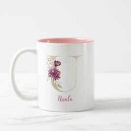 Caneca De Café Em Dois Tons Letra Dourada U, Monograma U, Presente Floral Rosa
