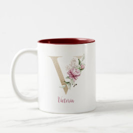 Caneca De Café Em Dois Tons Letra Dourada V, Monograma v, Presente Floral Rosa