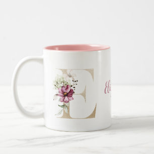 Caneca De Café Em Dois Tons Letra E Dourada Monograma Personalizada Floral Ros