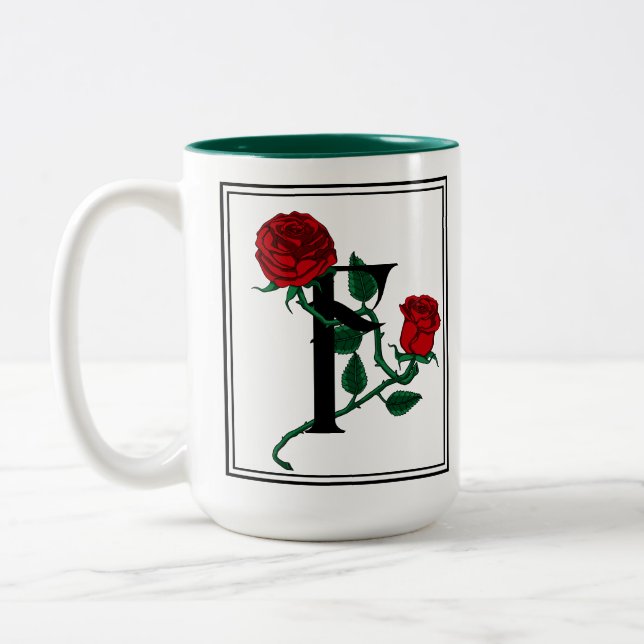 Caneca De Café Em Dois Tons Letra F com Rosas Vermelhas (Esquerda)