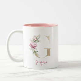 Caneca De Café Em Dois Tons Letra G Dourada, Monograma G, Presente Floral Rosa