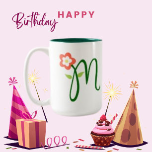 Caneca De Café Em Dois Tons Letra Inicial Monograma Verde, Flor Laranja