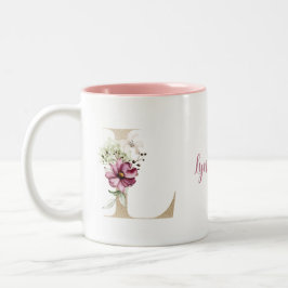 Caneca De Café Em Dois Tons Letra L Dourada Personalizada com Floral Rosa 