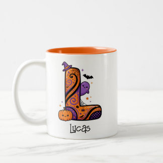 Caneca De Café Em Dois Tons Letra L Monograma Personalizada de Halloween com M