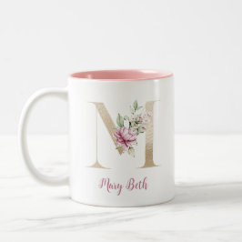 Caneca De Café Em Dois Tons Letra M Dourada, Monograma M, Presente Floral Rosa