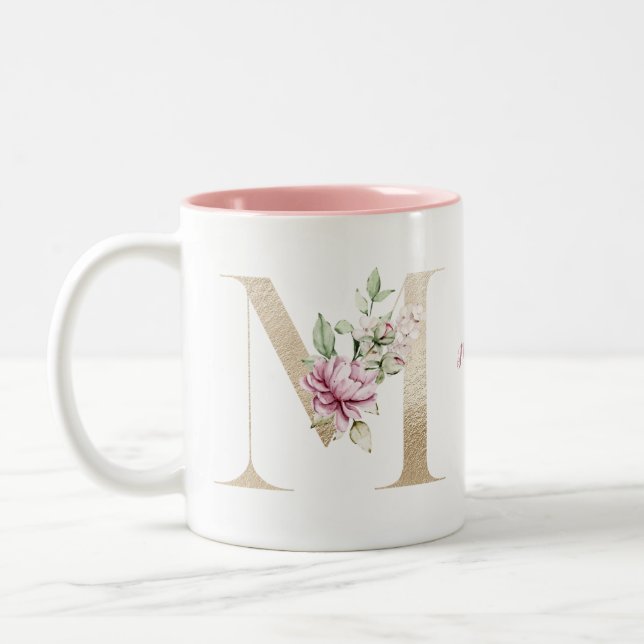 Caneca De Café Em Dois Tons Letra M Dourada Monogramada Personalizada Flor Ros (Esquerda)
