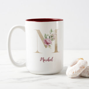 Caneca De Café Em Dois Tons Letra M Dourada Personalizada com Monograma Floral