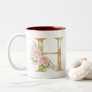 Caneca De Café Em Dois Tons Letra Maiúscula Floral de Luxo H – Inicial Dourada