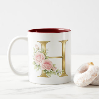 Caneca De Café Em Dois Tons Letra Maiúscula Floral de Luxo H – Inicial Dourada