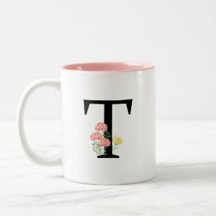 Caneca De Café Em Dois Tons letra monograma T flores aquarela spray rosa