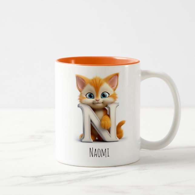 Caneca De Café Em Dois Tons Letra N Gato Alfabético Monograma Café Mug (Direita)