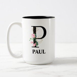 Caneca De Café Em Dois Tons Letra P monograma floral bonita alfabeto