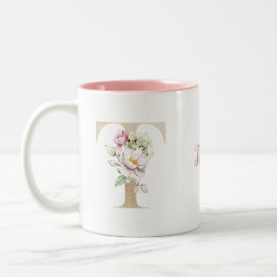 Caneca De Café Em Dois Tons Letra T Dourada Monograma Personalizada Floral Ros