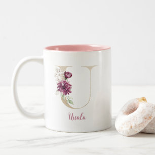 Caneca De Café Em Dois Tons Letra U Dourada, Monograma U, Presente Floral Rosa