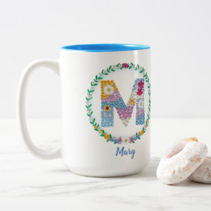 Caneca De Café Em Dois Tons Letras de Flor "M" Inicial com Nome Personalizado