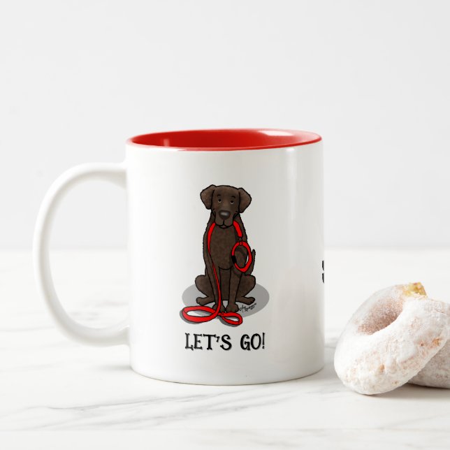 Caneca De Café Em Dois Tons Let's Go! Walk Curly-Coated Retriever Dog (liver) (Com Donut)