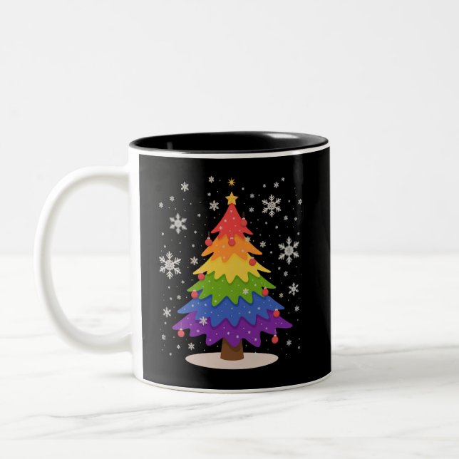 Caneca De Café Em Dois Tons LGBT Flag Christmas Tree Merry Xmas Gay Pride  (Esquerda)
