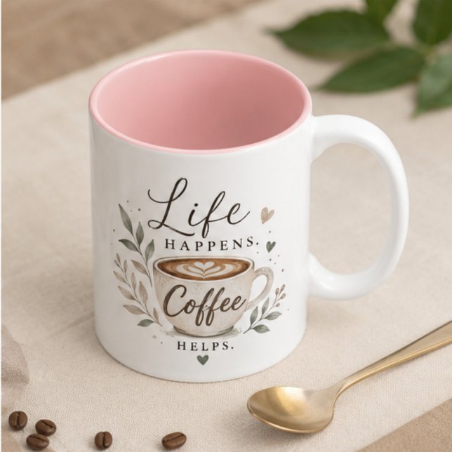 Caneca De Café Em Dois Tons Life happens. Coffee helps (Criador carregado)