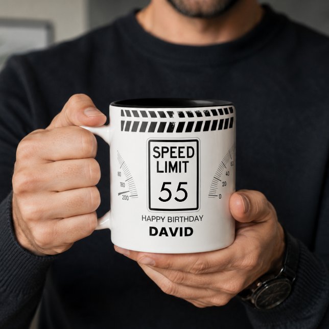 Caneca De Café Em Dois Tons Limite de Velocidade 55 Aniversário  (Speed limit sign 55th birthday motorcycle car themed coffee mug gift
)