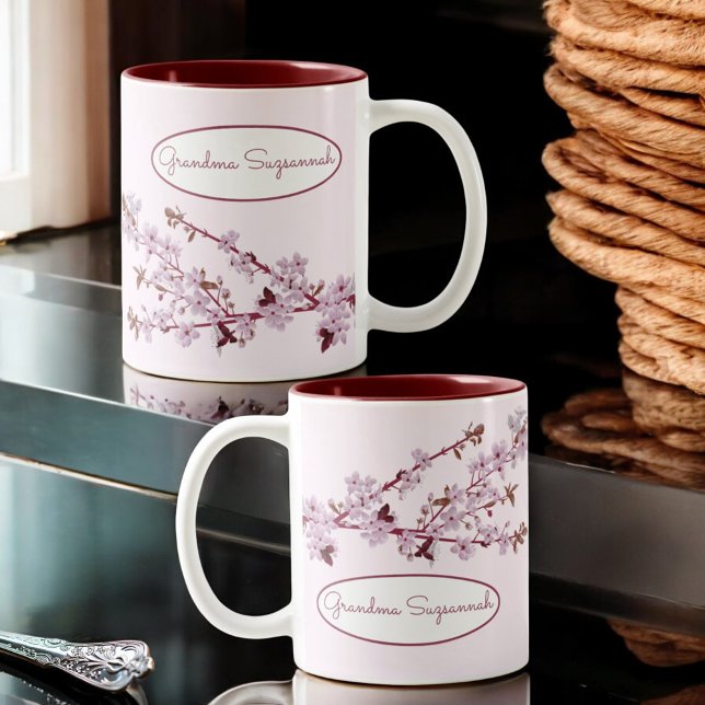 Caneca De Café Em Dois Tons Linda cerejeira rosa-rosa, costurada (Mug design and template area on both sides of handle)