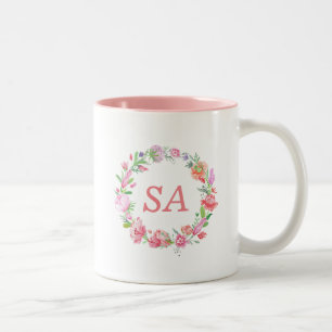 Caneca De Café Em Dois Tons Linda flor, monogramada, coroa rosa