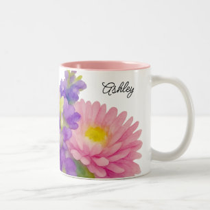 Caneca De Café Em Dois Tons Linda Floral em Aquarela com Nome em Letra de Form