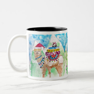 Caneca De Café Em Dois Tons Linda Llama Feliz Natal Arte aquarela