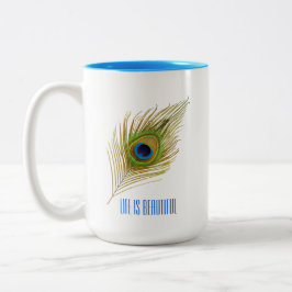 Caneca De Café Em Dois Tons Linda Pena de Pavão Azul Bonito