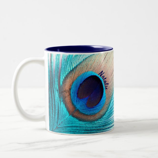 Caneca De Café Em Dois Tons Linda pena de peacock com nome (Esquerda)