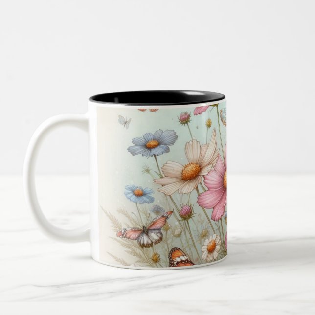 Caneca De Café Em Dois Tons Lindas borboletas em flores de louro (Esquerda)