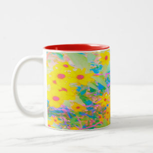 Caneca De Café Em Dois Tons Lindas Flores Amarelas e Vermelhas com Turquesa