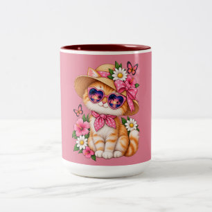 Caneca De Café Em Dois Tons Lindo Design de Borboleta Floral de Verão de Gato