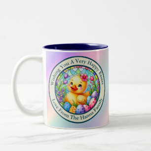 Caneca De Café Em Dois Tons Lindo Pintinho de Páscoa, Flores e Ovos Coloridos