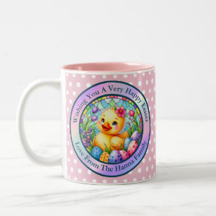 Caneca De Café Em Dois Tons Lindo Pintinho de Páscoa, Flores e Ovos Coloridos