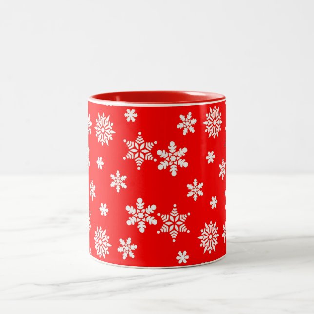 Caneca De Café Em Dois Tons Lindos flocos de neve brancos em vermelho (Centro)