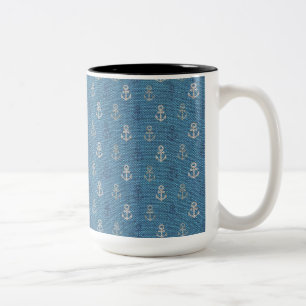 Caneca De Café Em Dois Tons Linen Anchors em Azul