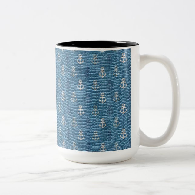 Caneca De Café Em Dois Tons Linen Anchors em Azul (Direita)