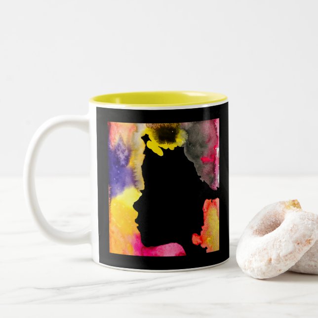 Caneca De Café Em Dois Tons Lingueira-girassol silhoute aquarela (Com Donut)