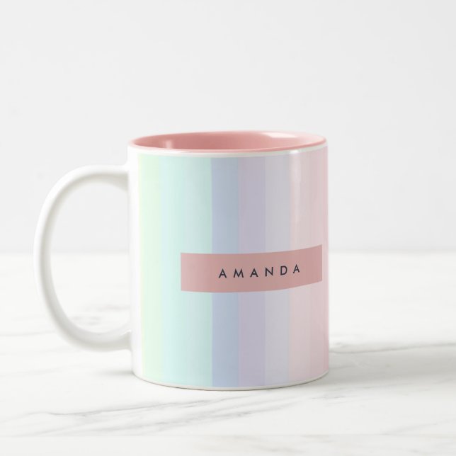 Caneca De Café Em Dois Tons Listra de Arco-íris Pastel Personalizada (Esquerda)