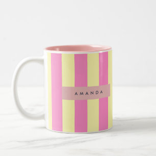 Caneca De Café Em Dois Tons Listra Rosa e Amarelo Pastel Doce Personalizada