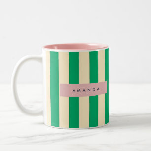 Caneca De Café Em Dois Tons Listra Verde e Creme Vintage Personalizada