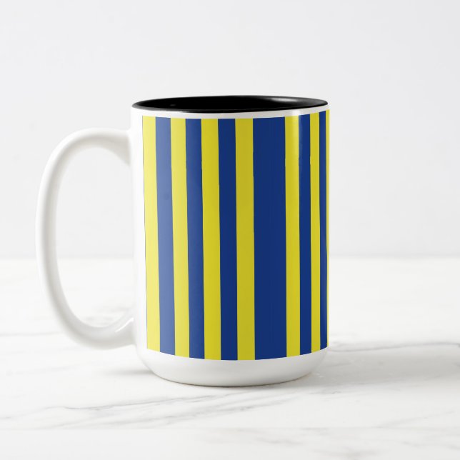 Caneca De Café Em Dois Tons Listras Azuis Escuras e Amarelas (Esquerda)