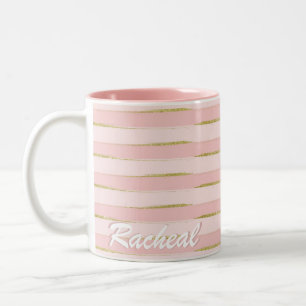 Caneca De Café Em Dois Tons Listras cor-de-rosa Dourados chiques e elegantes