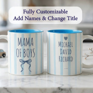 Caneca De Café Em Dois Tons Listras de Aquarela Azul Mamãe de Meninos & Nomes 