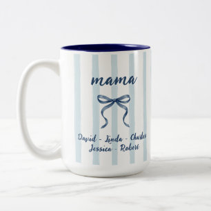 Caneca De Café Em Dois Tons Listras de Aquarela Azul Nomes da Mamãe e das Cria